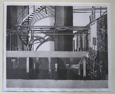 SIDNEY HURWITZ, (AMERICAN B. 1932), 'THAMES SERIE: SIDNEY HURWITZ (AMERICAN B. 1932) 'THAMES SERIES IV - STORAGE TANK' 1975, edition of 25. Pencil signed, titled, dated and numbered in the margin, etching and aquatint 19 3/8 x 23 1/2 in. (49.21 x