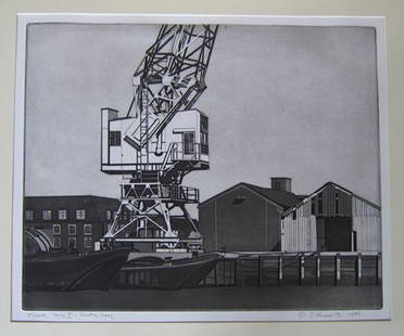 SIDNEY HURWITZ, (AMERICAN B. 1932), 'THAMES SERIE: SIDNEY HURWITZ (AMERICAN B. 1932) 'THAMES SERIES VI - GANTRY CRANE' 1976, edition size unknown. Pencil signed, titled, dated and numbered in the margin, etching and aquatint 19 1/2 x 23 3/4 in. (
