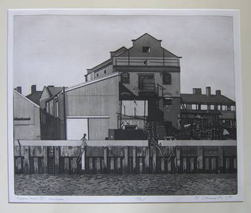SIDNEY HURWITZ, (AMERICAN B. 1932), 'THAMES SERIE: SIDNEY HURWITZ (AMERICAN B. 1932) 'THAMES SERIES VIII - WAREHOUSES' 1976, edition of 25. Pencil signed, titled, dated and numbered in the margin, etching and aquatint 19 9/16 x 23 3/4 in. (49.69