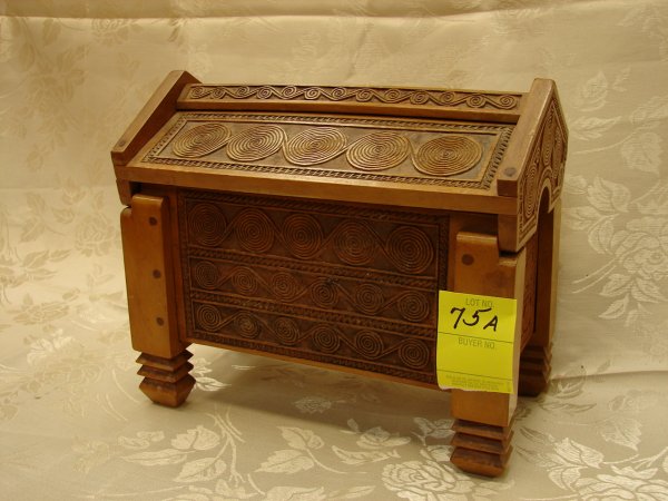 Russian lift top wooden treasure box, carved swirl
