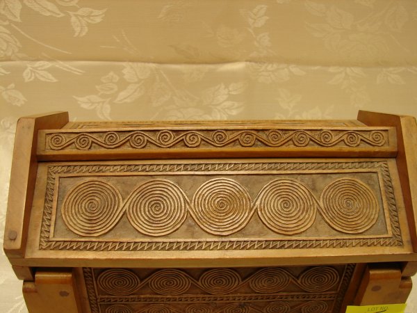 Russian lift top wooden treasure box, carved swirl - 2