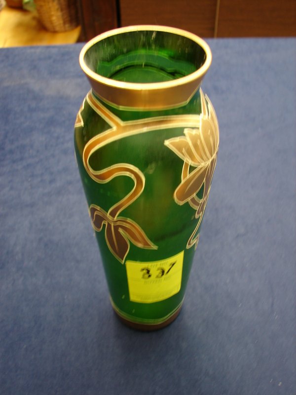 Art Nouveau green glass vase, with applied gold fl