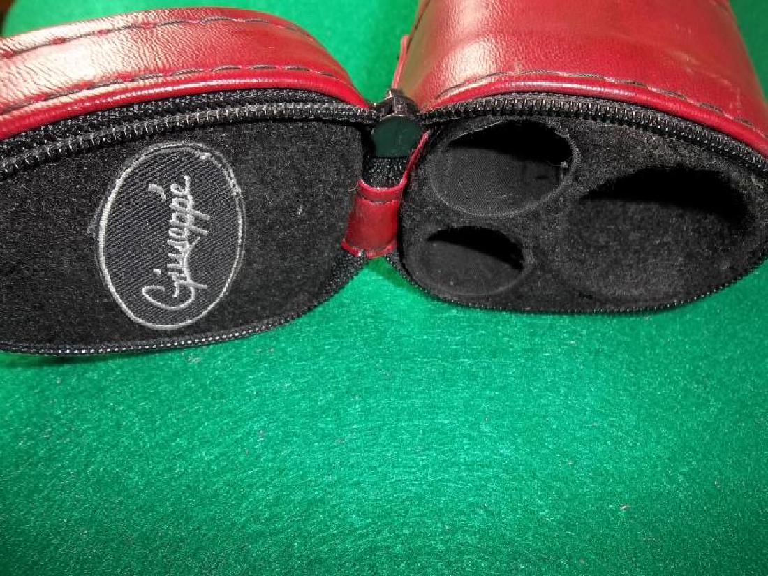 Joss Pool Cue, 3 piece, 58" 1 butt and 2 shafts,: Joss Pool Cue, 3 piece, 58" 1 butt and 2 shafts, butt is signed Joss, shafts are not, wood and pearl inlay, wrap, butt, forearm and forearm ring are scratched, hard red Giuseppe with 3 holes, pocket a