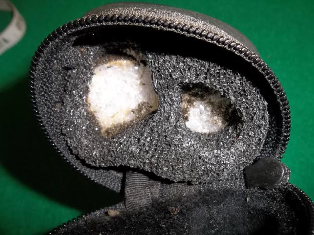 Palmer Custom Pool Cue, 2 piece, 57.5", mother: Palmer Custom Pool Cue, 2 piece, 57.5", mother of pearl inlay, scratches on butt sleeve, ferrule is stained, hard gray case, pocket, damage on bottom end, loss to inside cushion, 32" l,of pearl inlay,