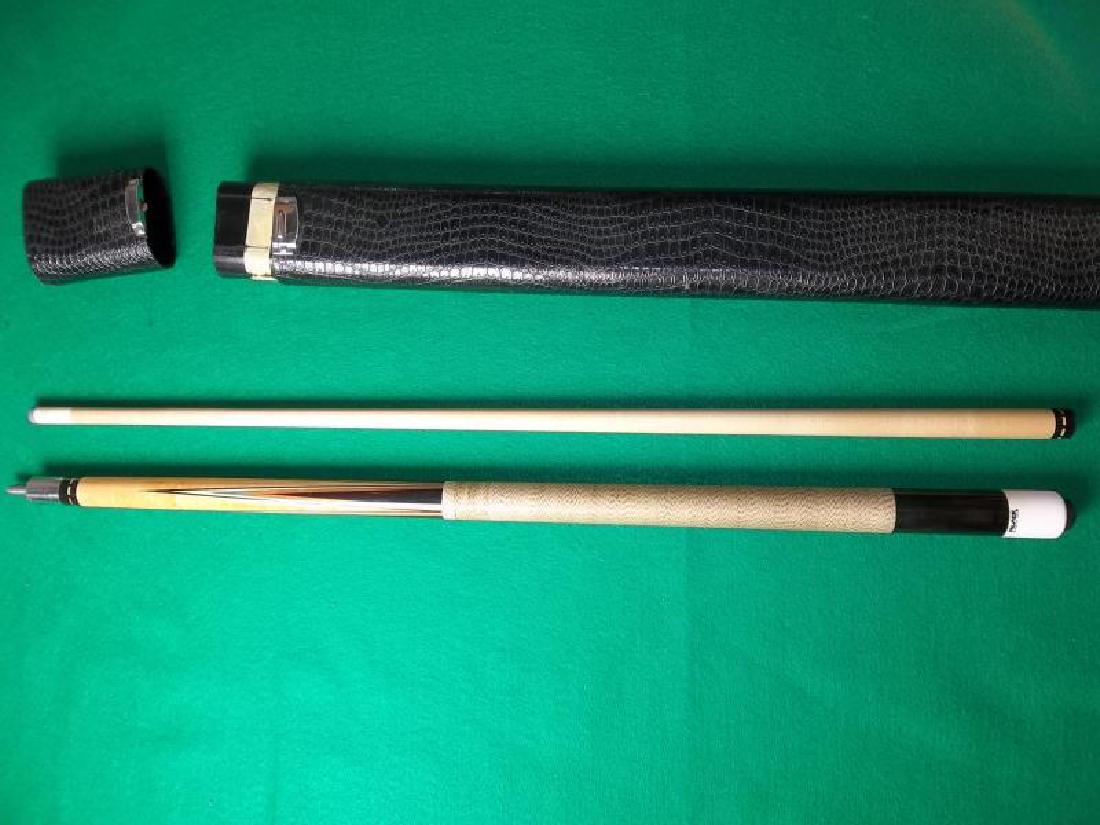 Palmer Custom Pool Cue, 2 piece, 58", wrap is: Palmer Custom Pool Cue, 2 piece, 58", wrap is discolored, dings on forearm, ferrule is stained, hard black 2 pc faux snakeskin style case, inside piece is taped, clasp is damaged, 32.25" l,discolored,