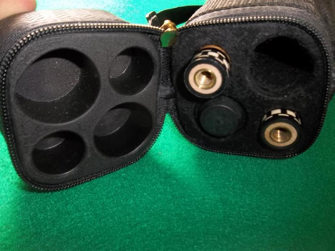 Meucci Pool Cue, 3 piece, one butt and 2 shafts,: Meucci Pool Cue, 3 piece, one butt and 2 shafts, 57.5" l, scratches on forearm, 1 shaft has pen marks, in hard black fabric 4 hole Imperial case, 2 pockets, strap, case is dirty, 32" l,57.5" l, scratc