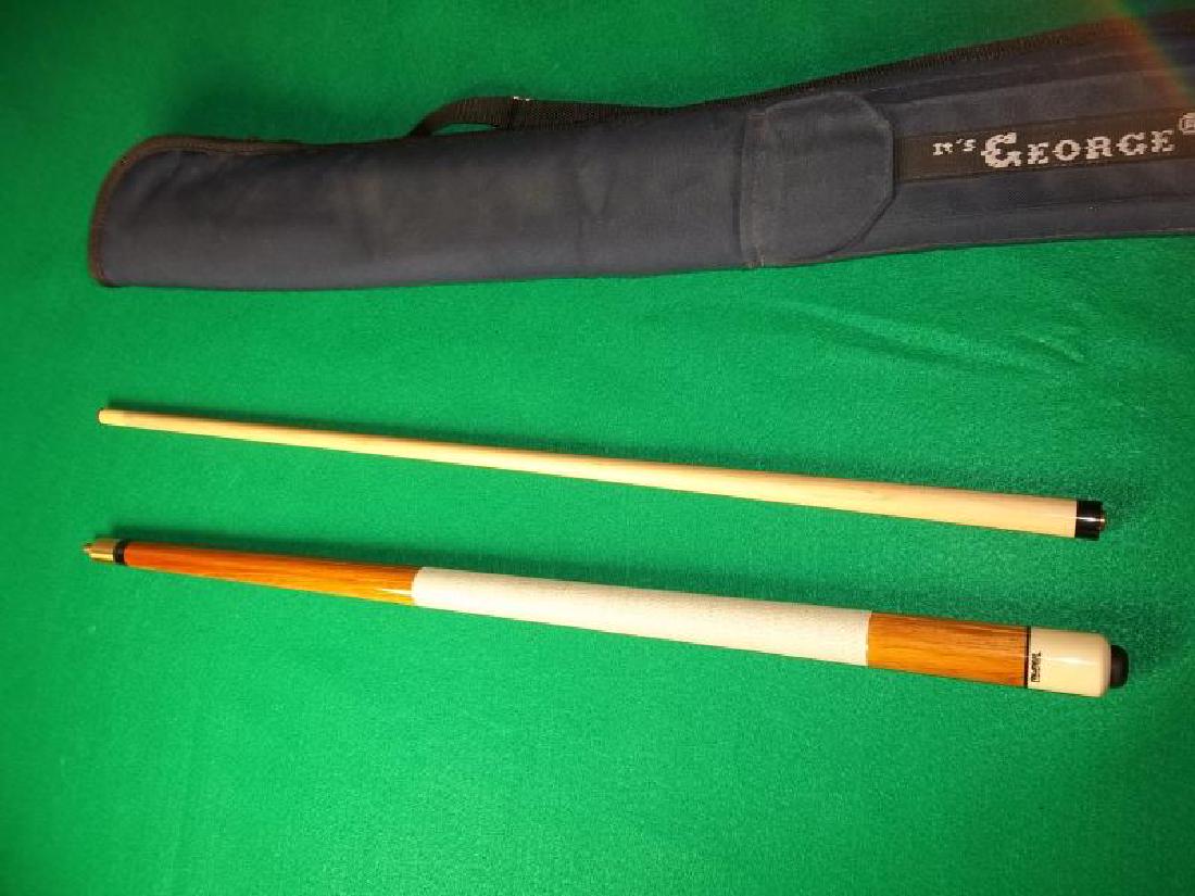 Palmer Custom Pool Cue, 2 piece, 58", a few dings: Palmer Custom Pool Cue, 2 piece, 58", a few dings on ring on shaft, navy soft fabric case It's George with pocket and strap, 32"l,on ring on shaft, navy soft fabric case It's George with pocket and st