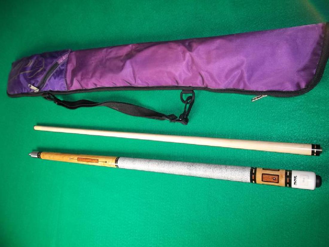 Palmer Custom Cue, 2 piece, 58", 19 oz, with: Palmer Custom Cue, 2 piece, 58", 19 oz, with pearl and wood inlay, soft purple fabric Cuetec bag, stained with zippered pocket and strap, 34" l,pearl and wood inlay, soft purple fabric Cuetec bag, sta