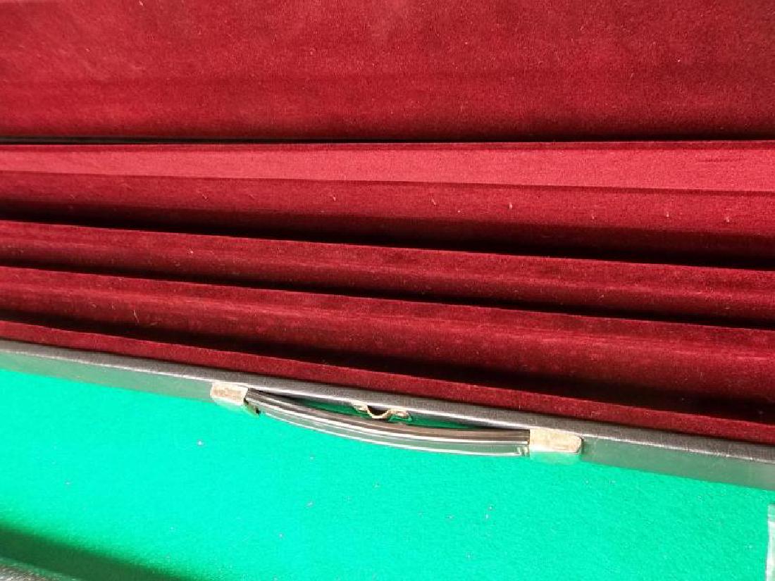 Joss Pool Cue, 3 piece, 58", 1 butt and 2 shafts,: Joss Pool Cue, 3 piece, 58", 1 butt and 2 shafts, pearl and wood inlay, discolored butt sleeve, hard black case with keys, 31.5" l,pearl and wood inlay, discolored butt sleeve, hard black case with ke