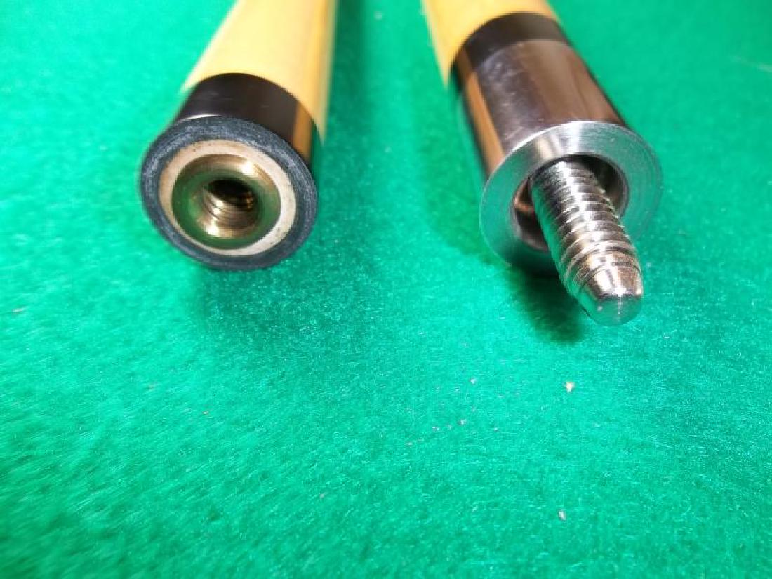 Joss Pool Cue, 2 piece, 58", wood and pearl: Joss Pool Cue, 2 piece, 58", wood and pearl inlay, screw off wood cap on butt, plastic cap on shaft, screws together hard, hard black Schmelke case, very worn, rusted metal ends and buckles, 31.5" l,i