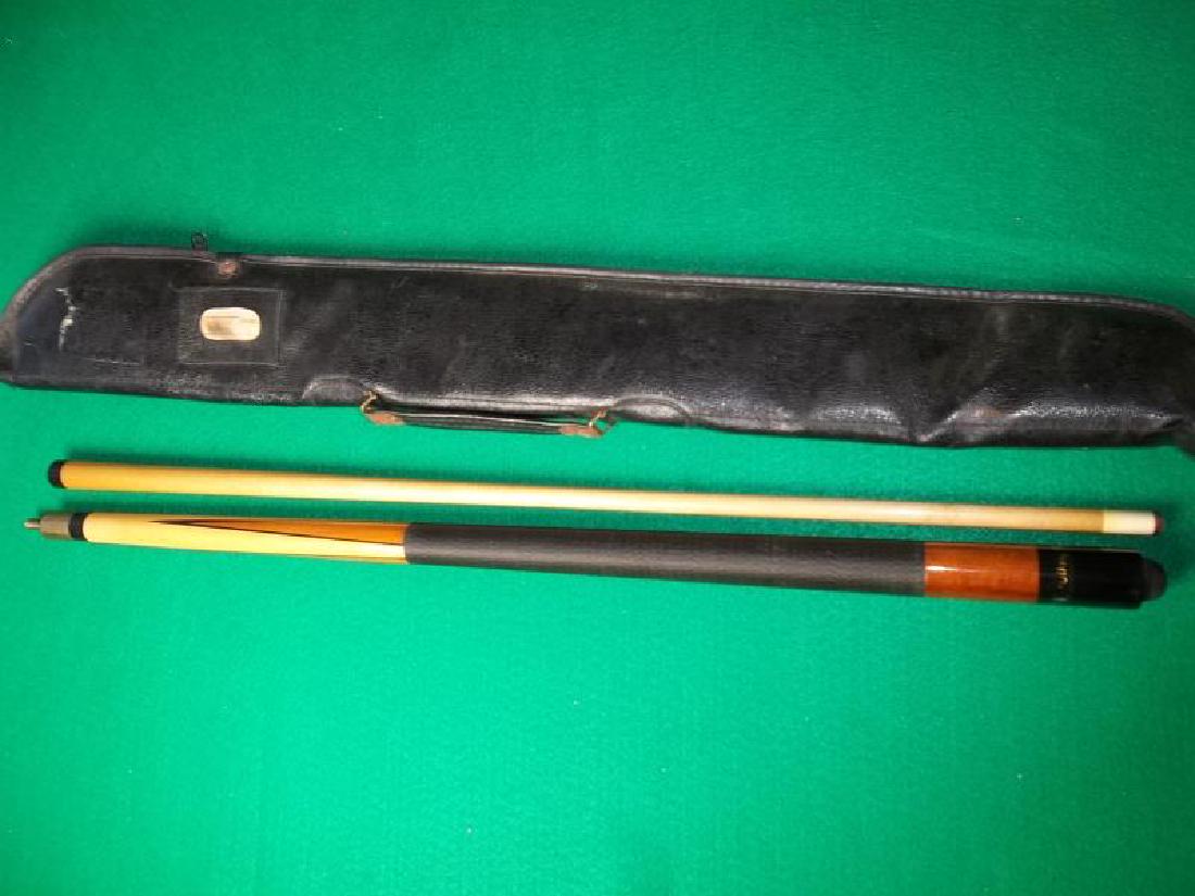 Viking Pool Cue, 2 piece, 57", Viking in cleear: Viking Pool Cue, 2 piece, 57", Viking in cleear window, scratches on butt sleeve, one forearm point is missing, collar and ferrule is discolored, soft black worn case with handle, metal is rusted, 32"