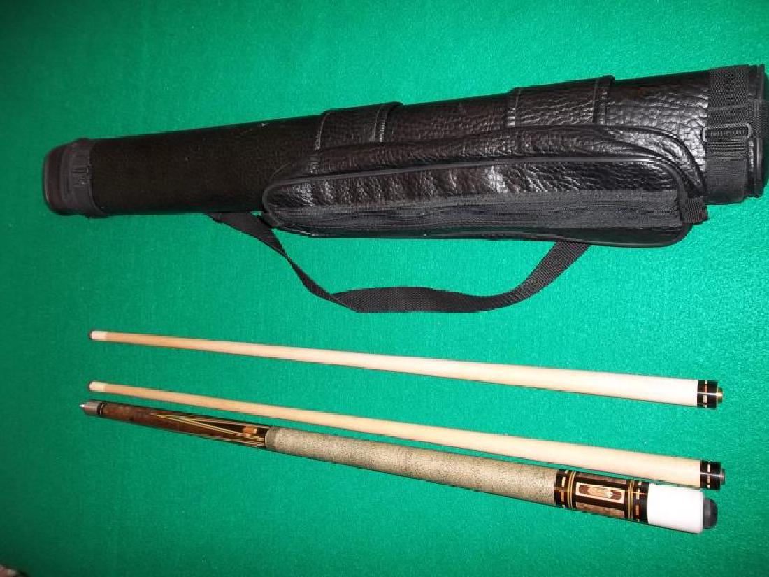 Palmer Custom Pool Cue, 1 butt with 2 shafts,: Palmer Custom Pool Cue, 1 butt with 2 shafts, 58", wood inlay, wrap is discolored near forearm, wear on forearm, hard black case, 32"l,58", wood inlay, wrap is discolored near forearm, wear on forearm
