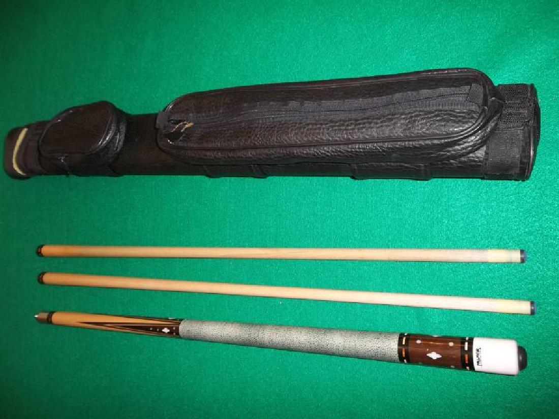 Palmer Custom Pool Cue, 1 butt with 2 shafts,: Palmer Custom Pool Cue, 1 butt with 2 shafts, 58", pearl & wood inlay, scratches on butt sleeve, ferrules are discolored, hard black case with 2 pockets, and strap, inside foam is worn, zipper rough,