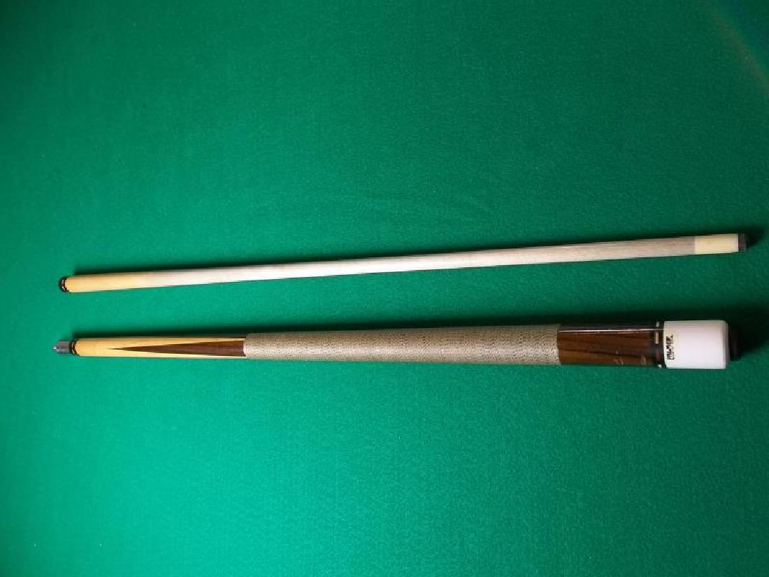 Palmer Custom Cue, not straight, 2 piece, 58", 4: Palmer Custom Cue, not straight, 2 piece, 58", 4 point, butt sleeve has multiple dents, forearm has chips and crack, in plastic sleeve,point, butt sleeve has multiple dents, forearm has chips and crac