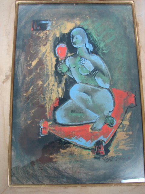 S. Krishna, gouache, abstract painting, "Woman with