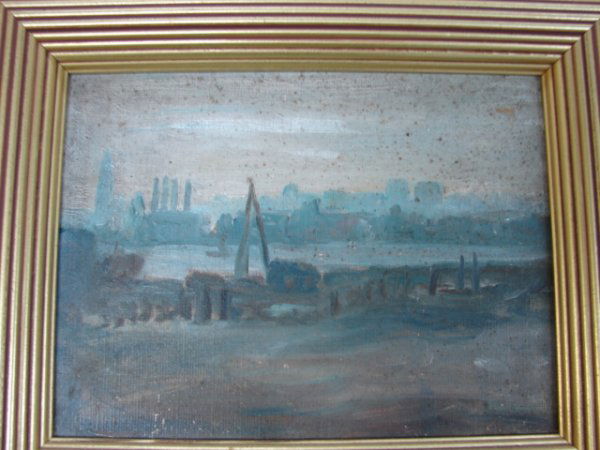 Thomas Watson Ball, painting, Steam Shovel with cit: Thomas Watson Ball, painting, Steam Shovel with city, oil on board, estate stamp on reverse Size: 5.5" x 7.5"