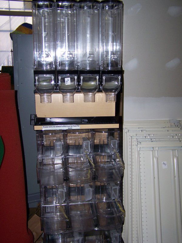 1206 (4) Gravity Feed Bulk Bins & (8) Bulk Scoop Bins