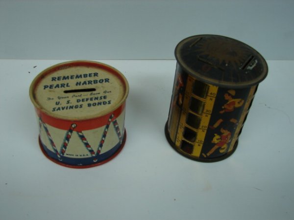 2 Toy Banks, tin, "Remember Pearl Harbor" drum ba