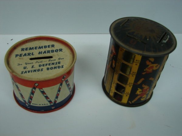 2 Toy Banks, tin, "Remember Pearl Harbor" drum ba - 2