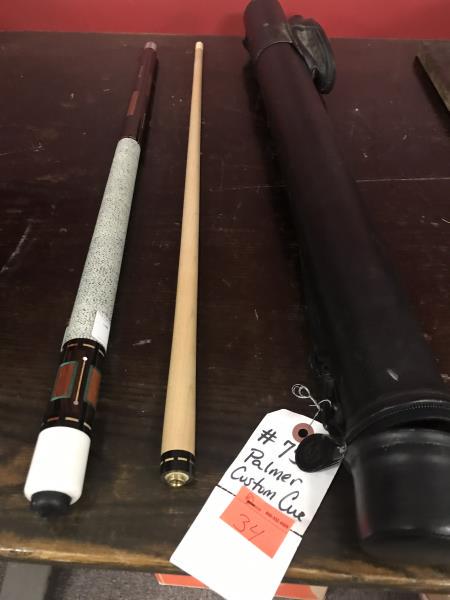 Palmer Custom Cue, 2 piece, 58", pearl inlay, scratches: Palmer Custom Cue, 2 piece, 58", pearl inlay, scratches on butt sleeve, shaft ring has scratch, hard black Viper case, made in China, 31.5" l
