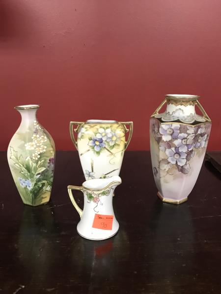 (3) Three Floral Vases, (1) Floral Creamer (Nippon),: (3) Three Floral Vases, (1) Floral Creamer (Nippon), 7.5" - 9" t