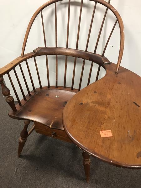 (1) One Pine, Continuous Left Arm, Windsor Writing Arm: (1) One Pine, Continuous Left Arm, Windsor Writing Arm Chair Reproduction (Stamped D.R. Dimes)