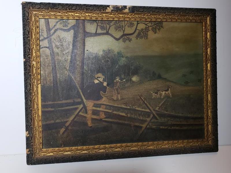 Oil on artist board, hunting scene with dogs, birds & 2 (1 of 8)