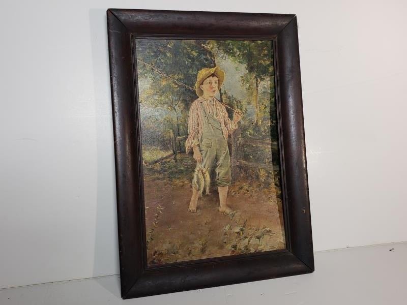 Oil on board of boy in straw hat with fishing pole & 2 (1 of 3)