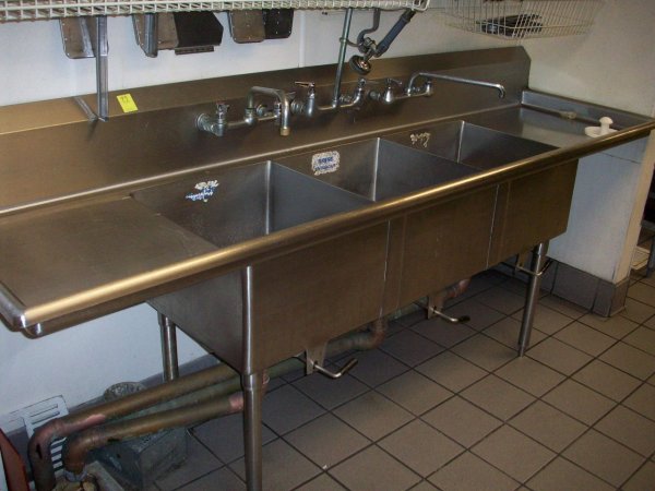 Three Bay Sink w/ Drain Boards, Three Faucets w/ Sp