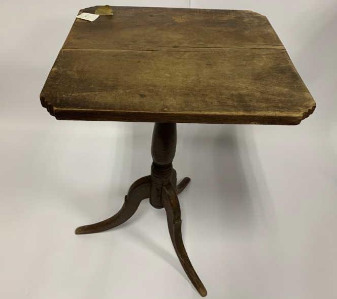 Candle Stand, style of Dunlap, tri-foot turned center: turned center post, cut out corners, cut out legs, repairs to base, split top, 28" t x 17" x 18" top