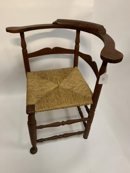Corner Chair, rush seat, Queen Anne pad front foot, cut: pad front foot, cut out slat back, red wash, missing small corner of back crest, 17" to top of seat and 30" to back rail