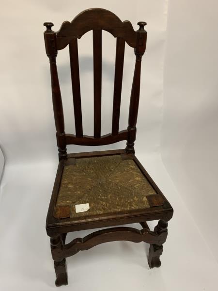Slipper Chair, cherry, bannister back Spanish foot, 3: Spanish foot, 3 slat back, very unusual rush slip seat, crest repaired, left post crack, old nail holes around seat, 15" to top of seat, 37 1/2" to top crest