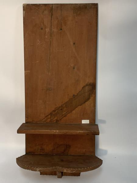 Hanging Rack, country clock shelf with red wash, pie: with red wash, pie crust carving, screw holes, stained and cracked back, 36" t x 15" w x 7" deep