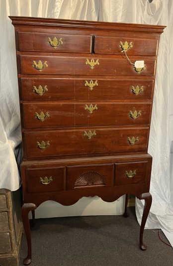 Queen Anne Highboy flat top, fan carving, 9 drawers,: flat top, fan carving, 9 drawers, repairs to drawers, missing pull on fan drawer, 68 1/2" t x 37 1/2" w x 16 1/2" d
