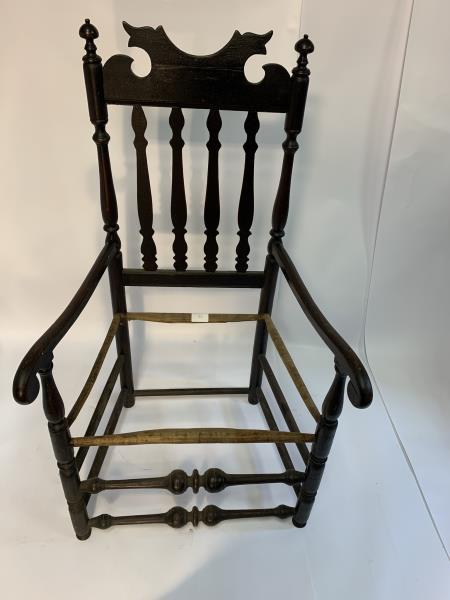 Bannister Back Arm Chair cut out top, 2 bulbous front: cut out top, 2 bulbous front rungs, 4 slat back, loss around left post, no seat, crest repaired, 43" to top of crest, 15 1/2" to top of seat