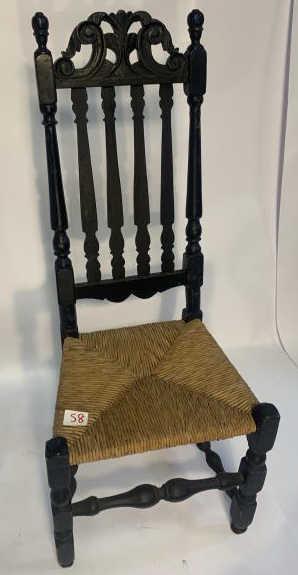 Bannister Back Side Chair Prince of Wales crest, 4 slat: Prince of Wales crest, 4 slat back, rush seat, pieced and repaired, other repairs, 44 1/2" tall x 17 1/2" to seat