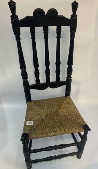 Bannister Back Side Chair rush seat, black, nicks,: rush seat, black, nicks, damage to front of seat, 44" to top of crest, 17" to top of seat