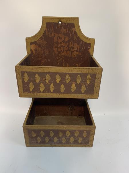 2 Tier Wall Box with Decoration 20th century, yellow: 20th century, yellow dovetailed front, yellow edge with yellow fans, 19" t x 11" w x 7 1/2" d