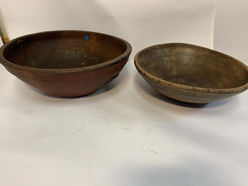 2 Wooden Bowls turned, largest bowl has repair, 6 1/2": turned, largest bowl has repair, 6 1/2" x 19" dia and 5 1/2" x 17 1/2" dia, smaller bowl has hairline crack
