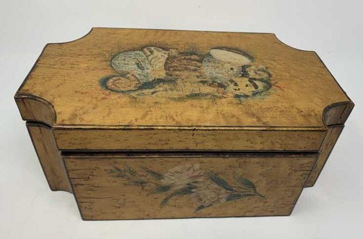 Lift Top Box bird's-eye maple, pine, painted shell and: bird's-eye maple, pine, painted shell and leaves, some veneer damage, some paint loss, 5" t x 12" w x 7" d