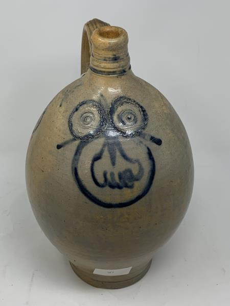 Stoneware Jug, early, blue face design, 13" t x 8" w: early, blue face design, 13" t x 8" w