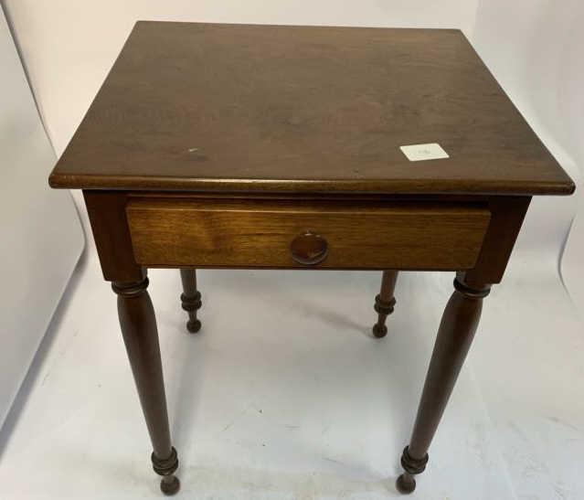 Black Walnut Stand one drawer, wooden pull, turned: one drawer, wooden pull, turned legs, nicks, scrapes, 29" t x 22" w x 19" d