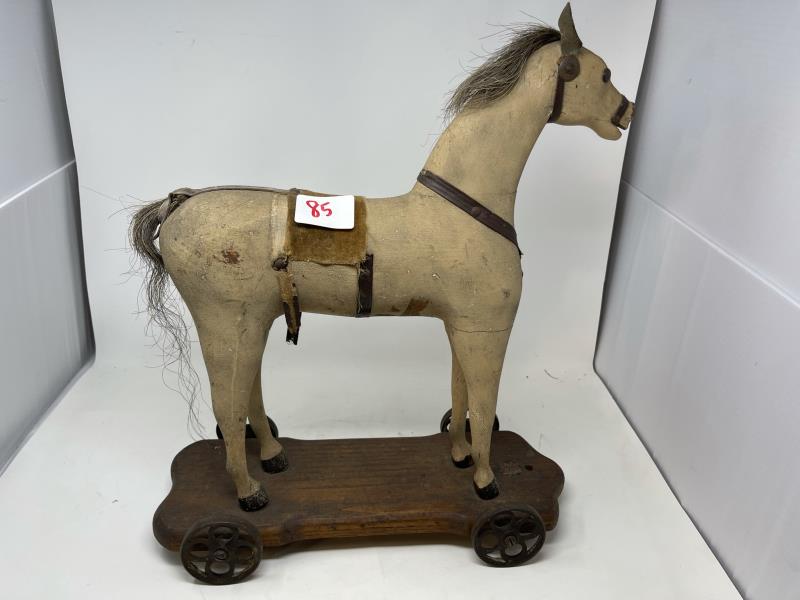 Converse Child's Pull Horse original paper label, 4: original paper label, 4 wheels, painted white, missing ear, missing foot, 19" t x 17" x17" x 7" base