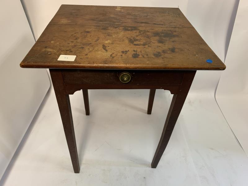 Country End Table one drawer, brass pull, base with red: one drawer, brass pull, base with red wash, top poor condition, 29" t x 22" w x 24" d