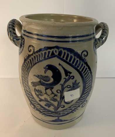 German Butterchurn 3 gallon, double handle no cover,: 3 gallon, double handle no cover, blue design with birds, 14 1/2" t x 12" w