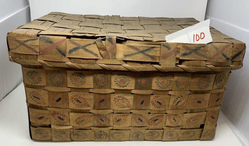 Indian Decorated Cov Splint Basket very nice stamping,: very nice stamping, top damage, base has minor pieces missing, 11" t x 20" x 13"