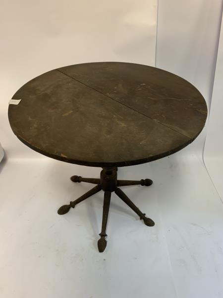 Pine Table, multi-leg, round top, 6 legs, top split, 2: multi-leg, round top, 6 legs, top split, 2 board, scratches, nicks, rot, 26" t x 29" diameter