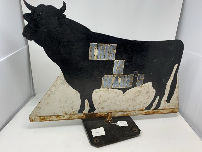 Farm Advertising Sign "No Bull"This is Wade: No Bull"This is Wade's, iron, painted, rust coming through, 19" t x 24