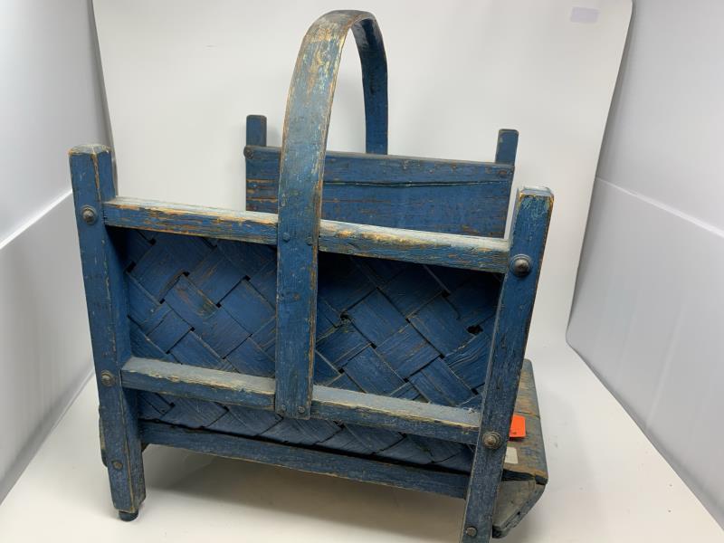 Log Holder painted blue, metal rivoted sides, 20" t x: painted blue, metal rivoted sides, 20" t x 15" x 15"