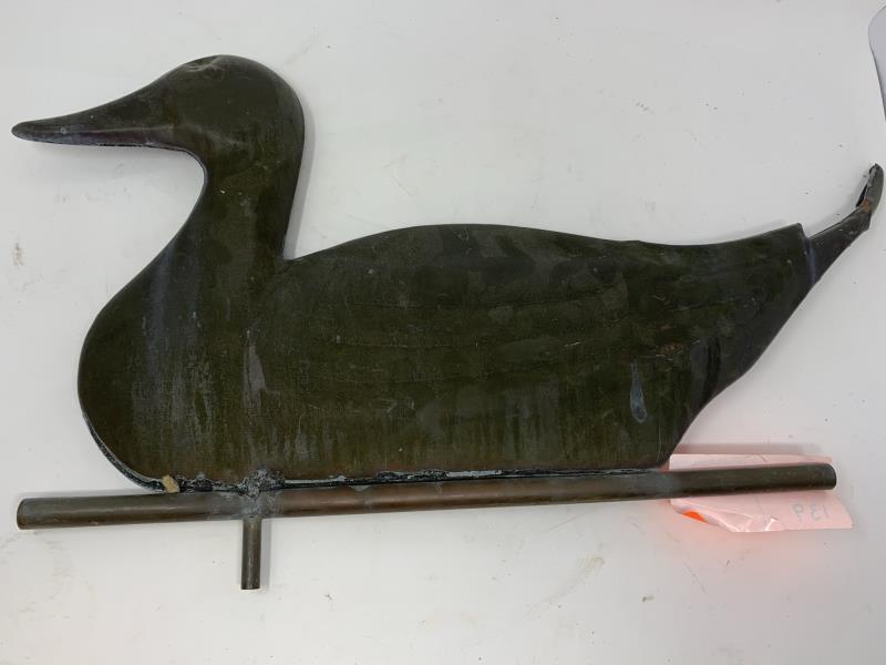 Duck Weathervane full body, copper, dented, twisted: full body, copper, dented, twisted tail, scratches, 13 1/2" t x 24" w